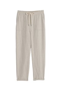 Beige linnen broek met een relaxed fit, verstelbare tailleband, twee voorzakken en opgerolde zoom. Gladde textuur met minimale details.