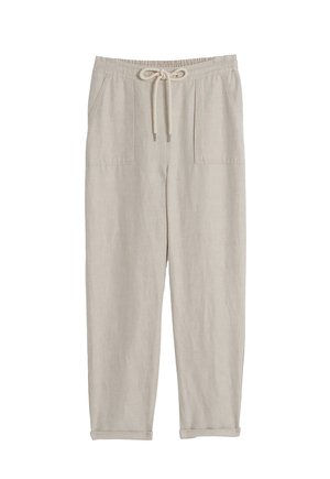 Beige Leinenhose mit lockerer Passform, Kordelzugbund, zwei vorderen Taschen und umgeschlagenen Säumen. Glatte Textur mit minimalen Details.