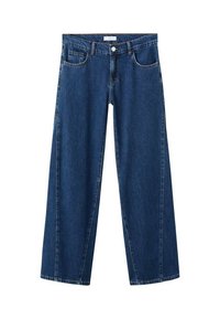 Pantalones vaqueros de mezclilla azul de pierna ancha con cierre de botón, cinco bolsillos y costuras visibles. La tela tiene una textura de sarga clásica.