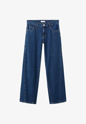 Jeans in denim blu a gamba larga con chiusura a bottoni, cinque tasche e cuciture a vista. Il tessuto ha una classica texture a spina di pesce.