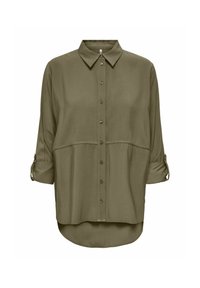 Camicia verde oliva con bottoni, colletto e maniche a tre quarti. Presenta un orlo arrotondato e dettagli delle maniche arrotolate. Texture liscia.