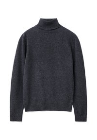 Pull en laine à col roulé gris foncé à manches longues avec une texture douce et tricotée, et des poignets et un col côtelés, posé à plat sur un fond blanc.