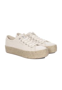 Sneakers z płótna w kolorze ecru z plecioną platformą z juty. Posiadają zawiązywaną konstrukcję i srebrne oczka. Teksturowana powierzchnia materiału.