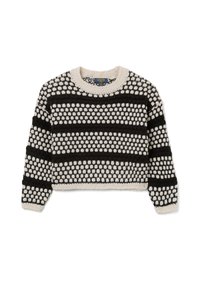 Strickpullover mit einem cropped Design, schwarz-weißer gestreifter Musterung, Bobble-Struktur sowie breitem Rippbündchen am Hals und an den Ärmeln.