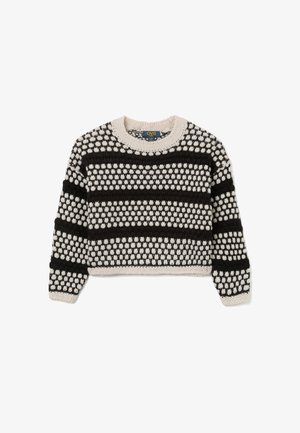 Maglione lavorato a maglia con design cropped, motivo a righe bianche e nere, texture a pompon e collo e polsini a costine ampie.