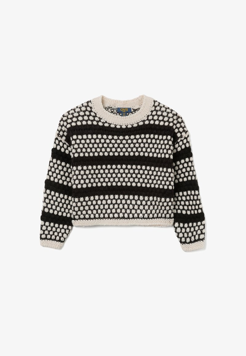 Strickpullover mit einem cropped Design, schwarz-weißer gestreifter Musterung, Bobble-Struktur sowie breitem Rippbündchen am Hals und an den Ärmeln.