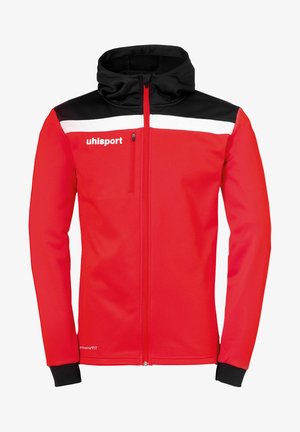 Rote Jacke mit schwarzer Kapuze und Schultern; hat einen weißen horizontalen Streifen; Frontreißverschluss und Bündchen in Schwarz; aus weichem, atmungsaktivem Material gefertigt.