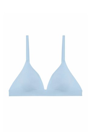 Lichtblauwe driehoekige beha met dunne bandjes, gemaakt van een gladde stof, met een naadloos ontwerp en zonder vulling voor een minimalistische uitstraling.