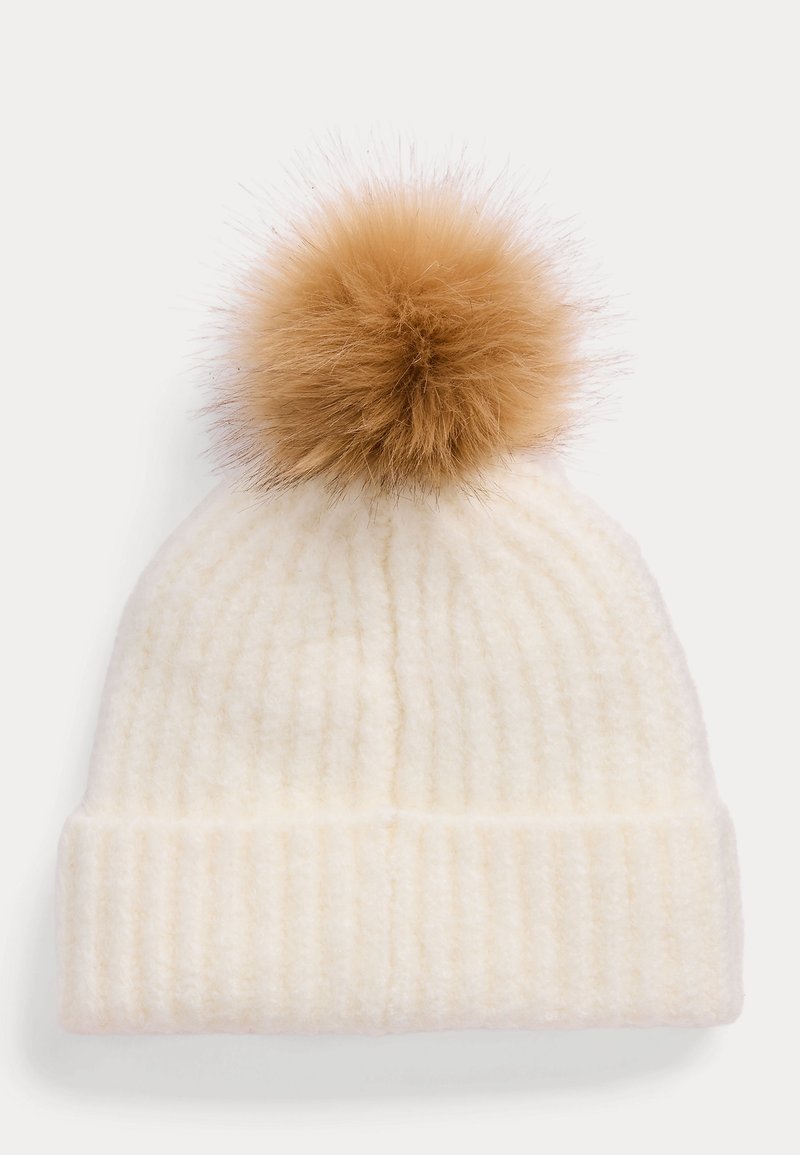 NWT Women\'s Lauren Ralph Lauren Cream Beanie with Tan Faux Fur Pom-Pom Crest-Patch Pom-Pom Cable-Knit Beanie main image 2
