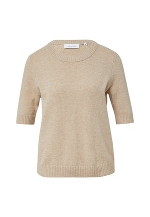 Maglione beige a maniche corte lavorato a maglia con scollatura a girocollo e bordi a coste. Texture liscia con una vestibilità rilassata. Etichetta con la scritta "COMMA."