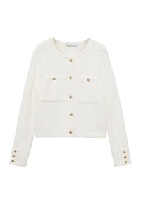 Weiße, verkürzte Strickjacke aus strukturiertem Stoff, mit zwei vorderen Taschen und goldenen Knopfakzenten entlang der Mitte und Ärmel.