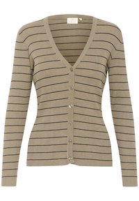 Beige virkade cardigan med marinblå horisontella ränder, V-hals, långärmad och sex-knapps stängning. Texturerad ribbning genom hela plagget.