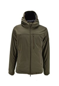 Giacca con cappuccio verde oliva con tasche con zip davanti e sul petto, maniche lunghe e chiusura anteriore con zip.