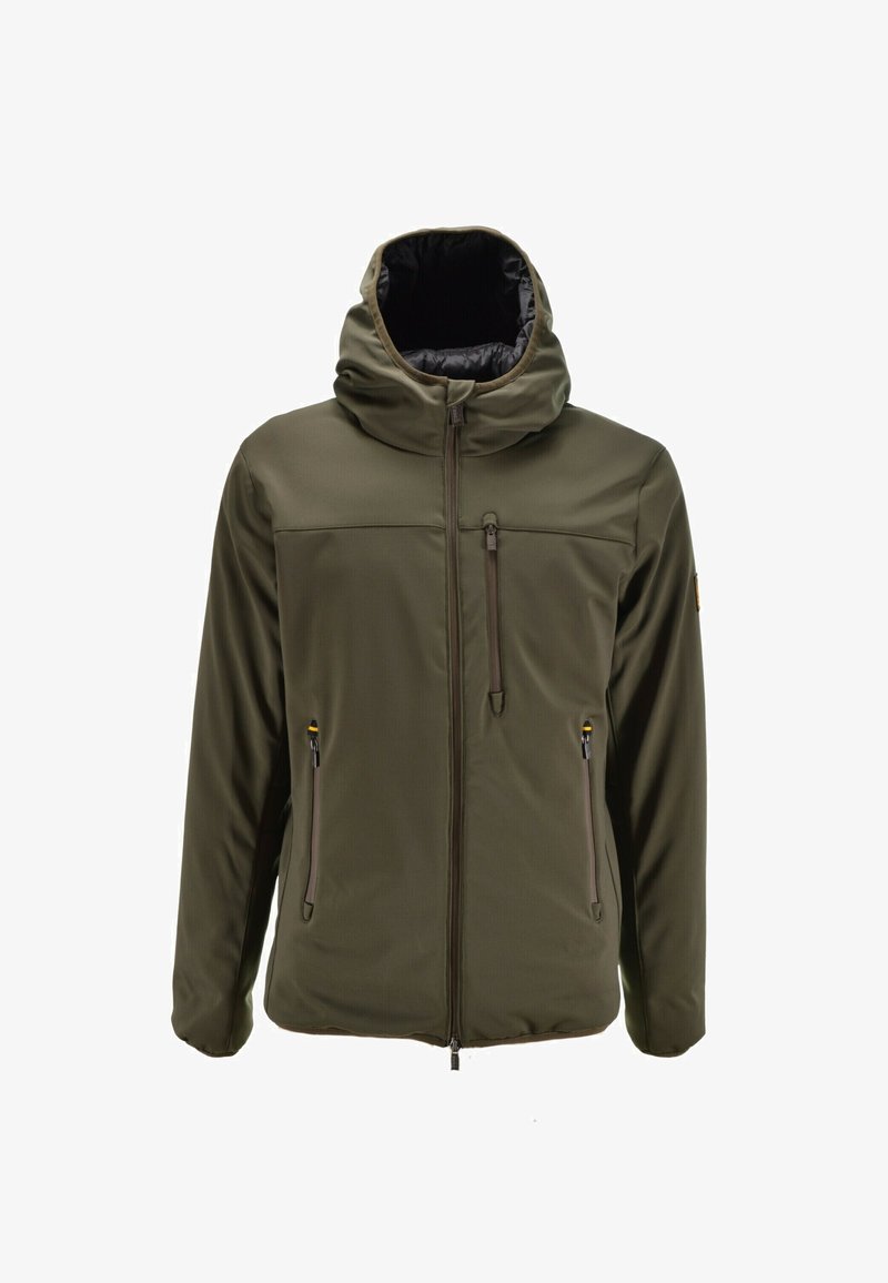 Giacca con cappuccio verde oliva con tasche con zip davanti e sul petto, maniche lunghe e chiusura anteriore con zip.