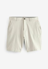 Beige Shorts aus leichtem Material, mit flachem Frontdesign, zwei seitlichen Taschen und einem Knopfverschluss.
