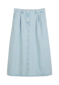 Jeansmidikjol i ljusblått, med plisserad framdel, bälteshällor och sidofickor. Slen yta med rak siluett.