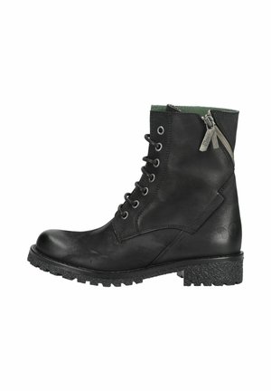 Stivaletto nero in pelle con lacci, cerniera laterale, suola texturizzata e tacco basso a blocco, mostrato dal lato esterno su sfondo bianco.