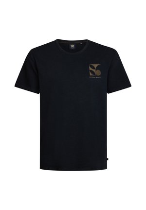 Schwarzes Baumwoll-T-Shirt mit Rundhalsausschnitt, kurzen Ärmeln und einem goldenen Logodesign auf der linken Brust. Weiche Textur, lässige Passform.