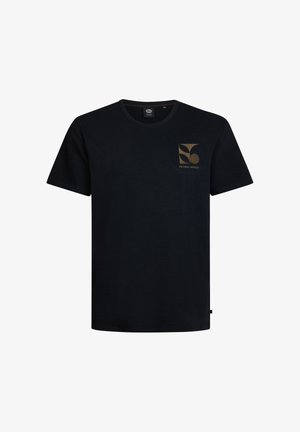 Czarny bawełniany t-shirt z okrągłym dekoltem, krótkimi rękawami i złotym logo na lewej piersi. Gładka tekstura, luźny krój.