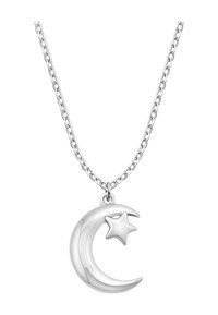 Srebrny naszyjnik z wisiorkiem w kształcie rosnącego księżyca z akcentem w postaci gwiazdki. Łańcuszek ma srebrny, łączony design, co podkreśla jego ogólną elegancję.