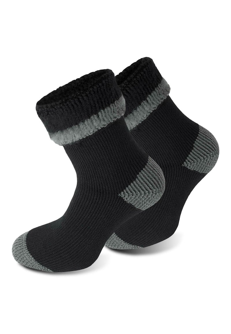 Schwarze Socken mit einem dicken grauen Bündchen und grauen Akzenten an Ferse und Zehe. Aus weichem, strukturiertem Stoff gefertigt, geeignet für Wärme und Komfort.
