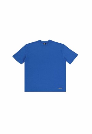 Blue short-sleeve T-shirt made of cotton. Features a round neckline, straight fit, and a small logo label on the lower hem.