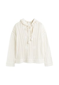Witte gebreide pullover met een capuchon, voorzien van verticale strepen, kantachtige patronen en een strikdetail aan de voorkant. Zachte textuur en een relaxte pasvorm.