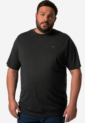 Czarnoszary t-shirt z krótkim rękawem, wykonany z miękkiego materiału, z okrągłym dekoltem i subtelnym akcentem logo na klatce piersiowej. Luźny krój.
