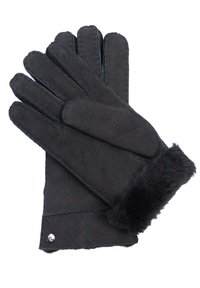 Schwarze Handschuhe aus weichem Wildleder mit einem plüschigen Fellbund. Besitzen eine gestickte Verzierung und ein kleines Metallelement näher am Handgelenk.