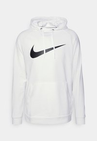 Sweat à capuche blanc à manches longues avec une poche kangourou à l'avant et un grand logo Nike Swoosh noir sur la poitrine, avec des cordons de serrage à la capuche.