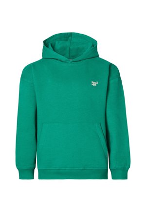 Sweat-shirt à capuche verte en tissu doux. Comprend une poche avant et un petit logo sur la poitrine gauche. Poignets et ourlet côtelés.