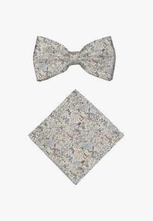 Light beige bow tie and matching pocket square with intricate blue and brown floral and butterfly patterns on a white background.