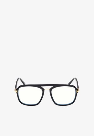 Occhiali rettangolari neri con sottili accenti dorati sul ponte e sulle cerniere, e lenti trasparenti, vista frontale su sfondo bianco.