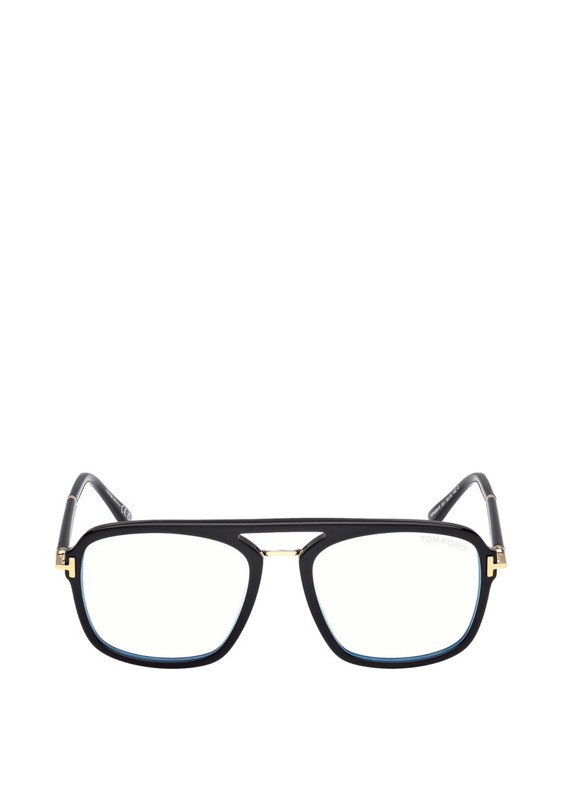 Occhiali rettangolari neri con sottili accenti dorati sul ponte e sulle cerniere, e lenti trasparenti, vista frontale su sfondo bianco.