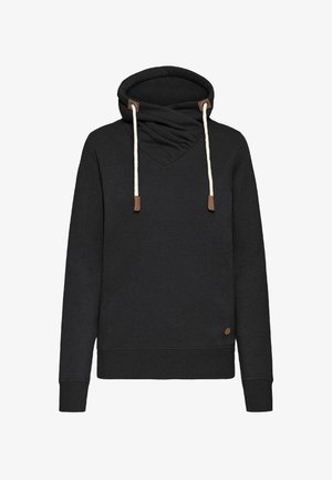 Must musta, millel on tekstureeritud kangas, V-kaeluse disain ja kreemilised nööbid. Esi- ja alläär on kaunistatud pruunide nahkdetailidega.