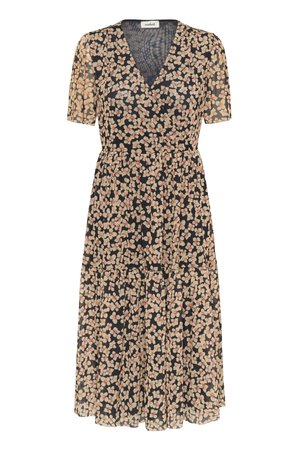 Fekete midi ruházat bézs és rózsaszín virágmintával, V-nyakkal, rövid, puffos ujjakkal és összehúzott derékkal.