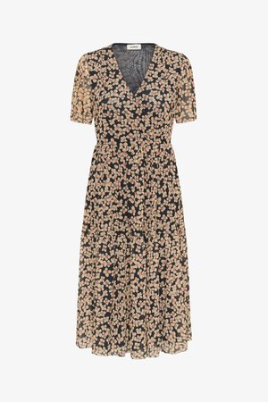 Černé midi šaty s béžovým a růžovým květinovým potiskem, výstřihem do V, krátkými nafouklými rukávy a nařaseným pasem.