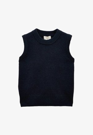 Mornarsko modra volnena brezrokavnik v pletenem slogu z okroglim izrezom, rebrastimi robovi in gladko teksturo, z minimalističnimi detajli in klasičnim krojem.