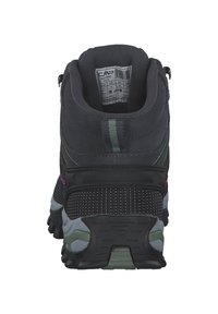 Stivale da trekking nero con tessuto testurizzato e suola in gomma. Presenta accenti grigi, un colletto imbottito e una linguetta sul retro per indossarlo facilmente.
