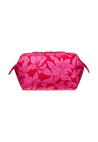 Pink cosmetic pouch featuring a floral pattern with large pink lilies. The bag has a zipper closure and side fabric accents.