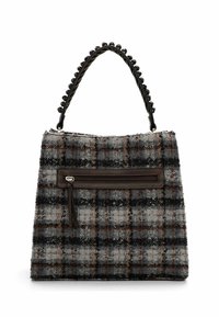 Grijze tweed handtas met een ruitpatroon. Voorzien van een bruine ritszak en een zwarte gevlochten handgreep met decoratieve accenten.
