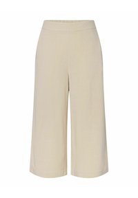 Pantalon beige à jambes larges et raccourci, taille élastique et design simple, sans poches visibles ni ornements.