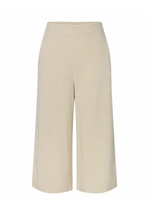 Pantalon beige à jambes larges et raccourci, taille élastique et design simple, sans poches visibles ni ornements.