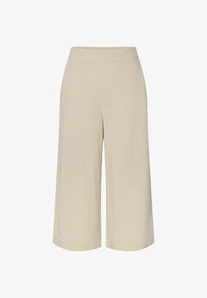 Beige vide cropped bukser med elastisk midjebånd og enkelt design, uten synlige lommer eller pynteelementer.