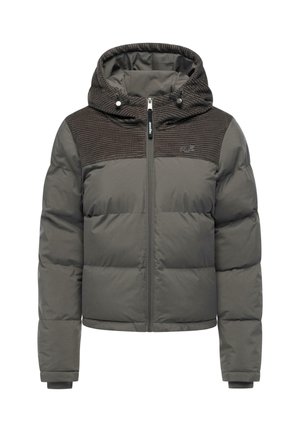 Pakket jakke i mørkegrå med rutete tekstur på hette og skuldre. Har helfrontet glidelås og elastiske mansjetter.