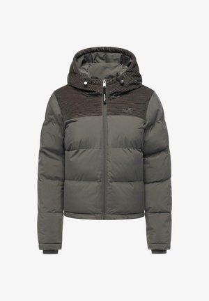 Polstret jakke i mørkegrå med ternet tekstur på hætten og skuldrene. Har en fuldlængde lynlås foran og elastiske manchetter.