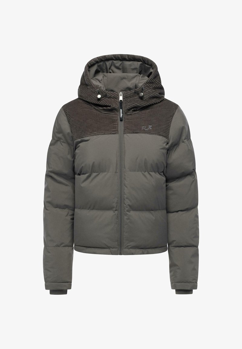 Vadderad jacka i mörkgrått med rutmönstrad textur på huva och axlar. Har en hel dragkedja fram och elastiska muddar.