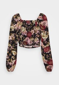 Top cropped nero floreale con maniche lunghe, caratterizzato da un mix di fiori rosa, bordeaux e verdi, e una scollatura quadrata con dettagli arricciati.