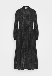 Černé dlouhé šaty s vysokým límcem, vrstvenou sukní a bílými svislými pruhy. Vyrobeno z lehké tkaniny.