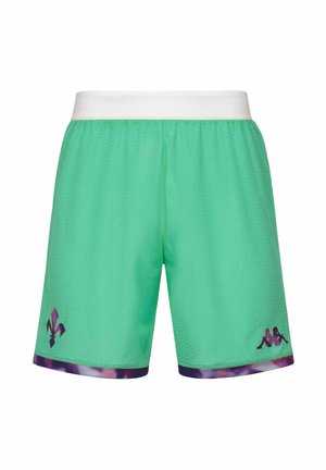 Short de sport vert avec taille élastique blanche, logo violet sur la jambe gauche, et bordure violette avec un motif tie-dye aux bords.